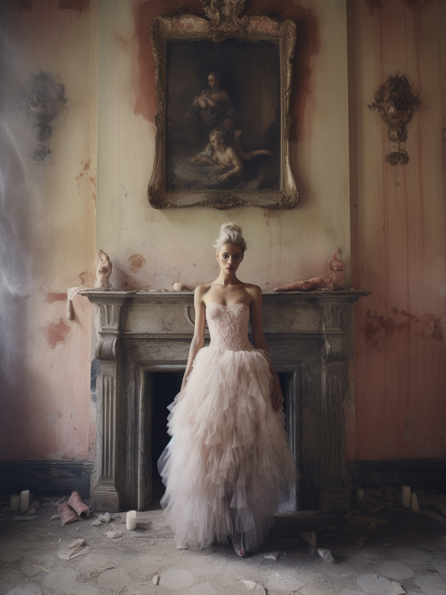Midjourney prompt: a woman standing next to a fireplace in a room, st... - Midjourney