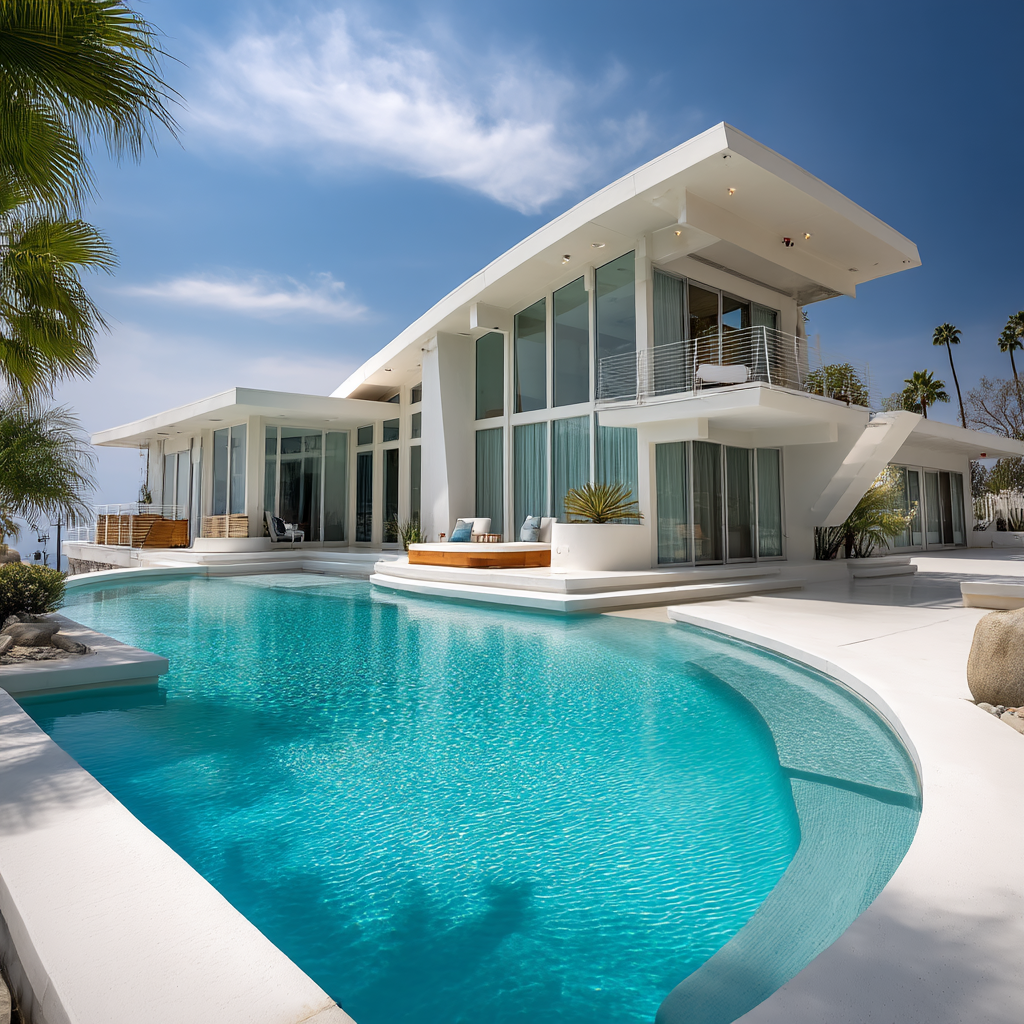 Midjourney prompt: luxurious mid-century modern mansion s...