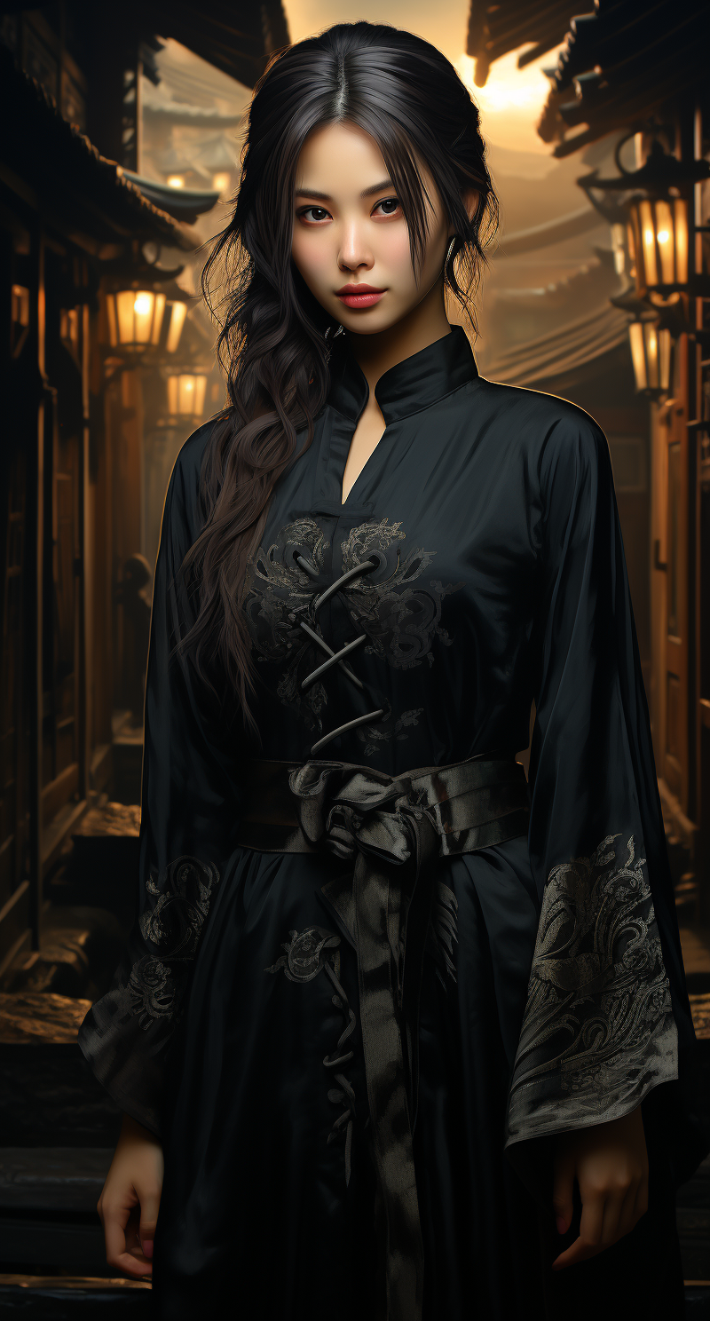 AI generated: Midjourney prompt: a girl in black wears an asian robe posing for a p... (Midjourney - Portraits)