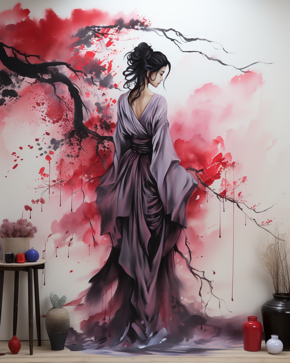 Midjourney prompt: geisha woman in ink on white matte vinyl wall stic... - Midjourney