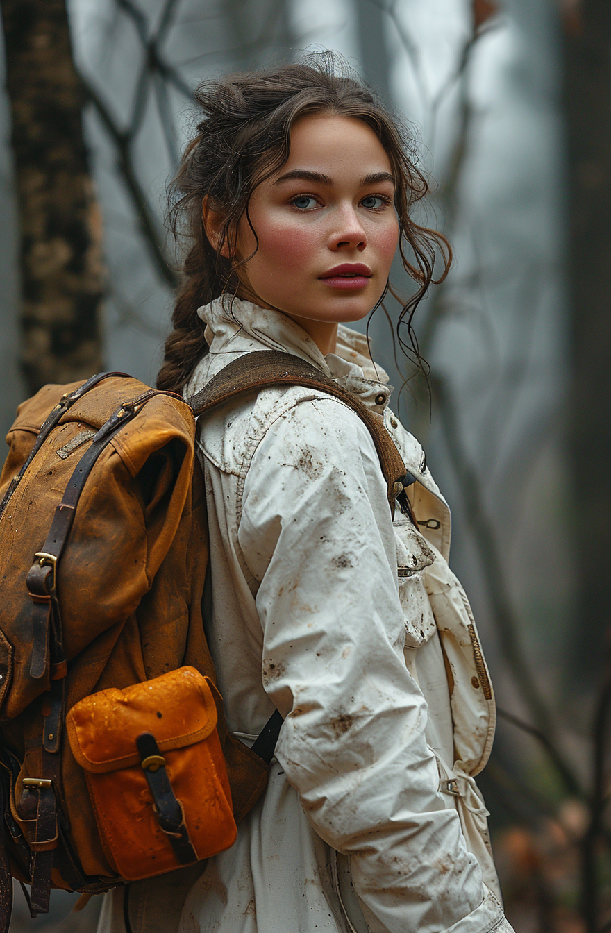 صورة مولدة بالذكاء الاصطناعي: Midjourney prompt: a woman wearing a white coat with a brown backpack... (نموذج Midjourney - تصوير فوتوغرافي)