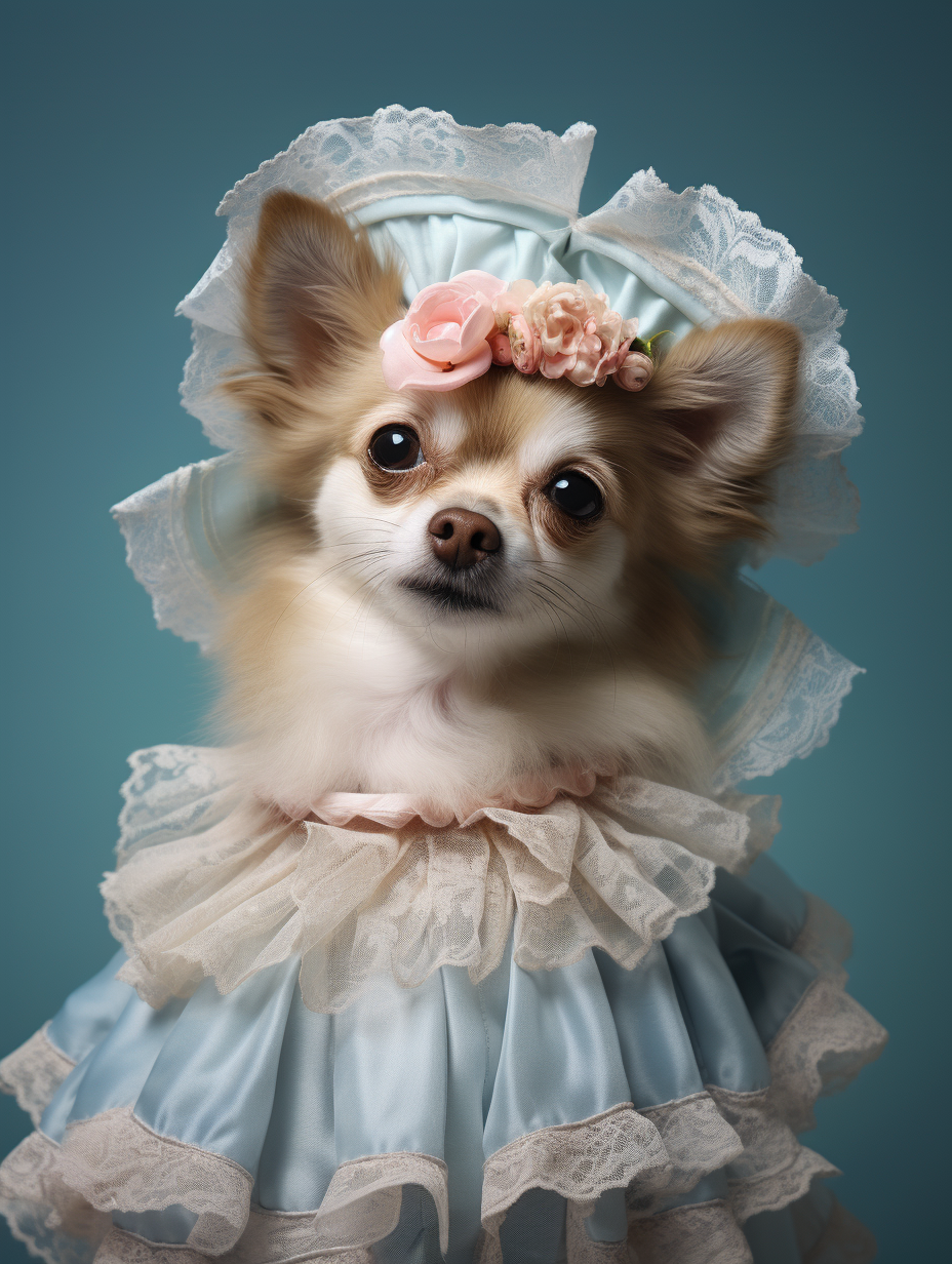 صورة مولدة بالذكاء الاصطناعي: Midjourney prompt: cute dog, wearing Rococo style dress, 8k, photo re (نموذج Midjourney - تصوير فوتوغرافي)