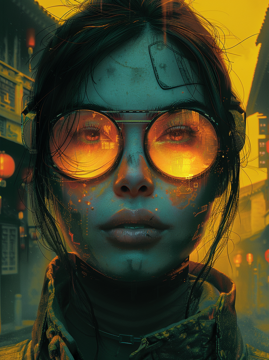 AI generated: Midjourney prompt: a woman in a pair of sunglasses beside an old fash... (Midjourney - Concept Art)