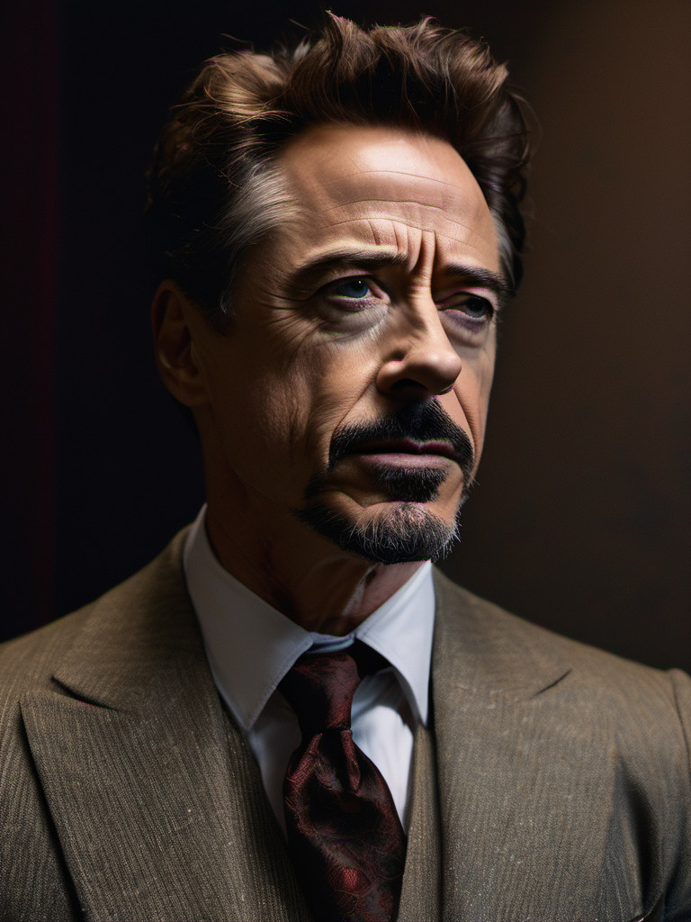 AI generated: Stable Diffusion prompt: closeup of Tony Stark posing in front of a solid d... (Stable Diffusion - Photography)
