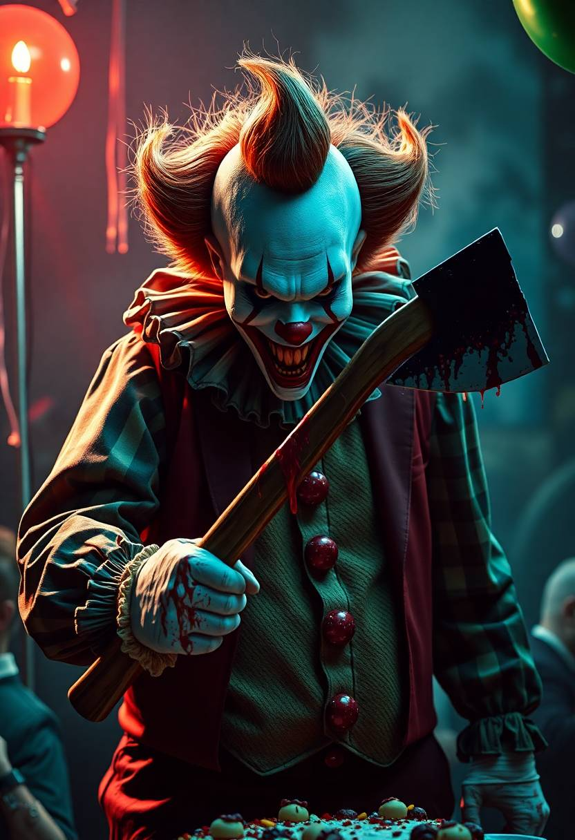 AI generated: FLUX prompt: Horrorclown with a bloody axe at a birthday party, (FLUX - Portraits)