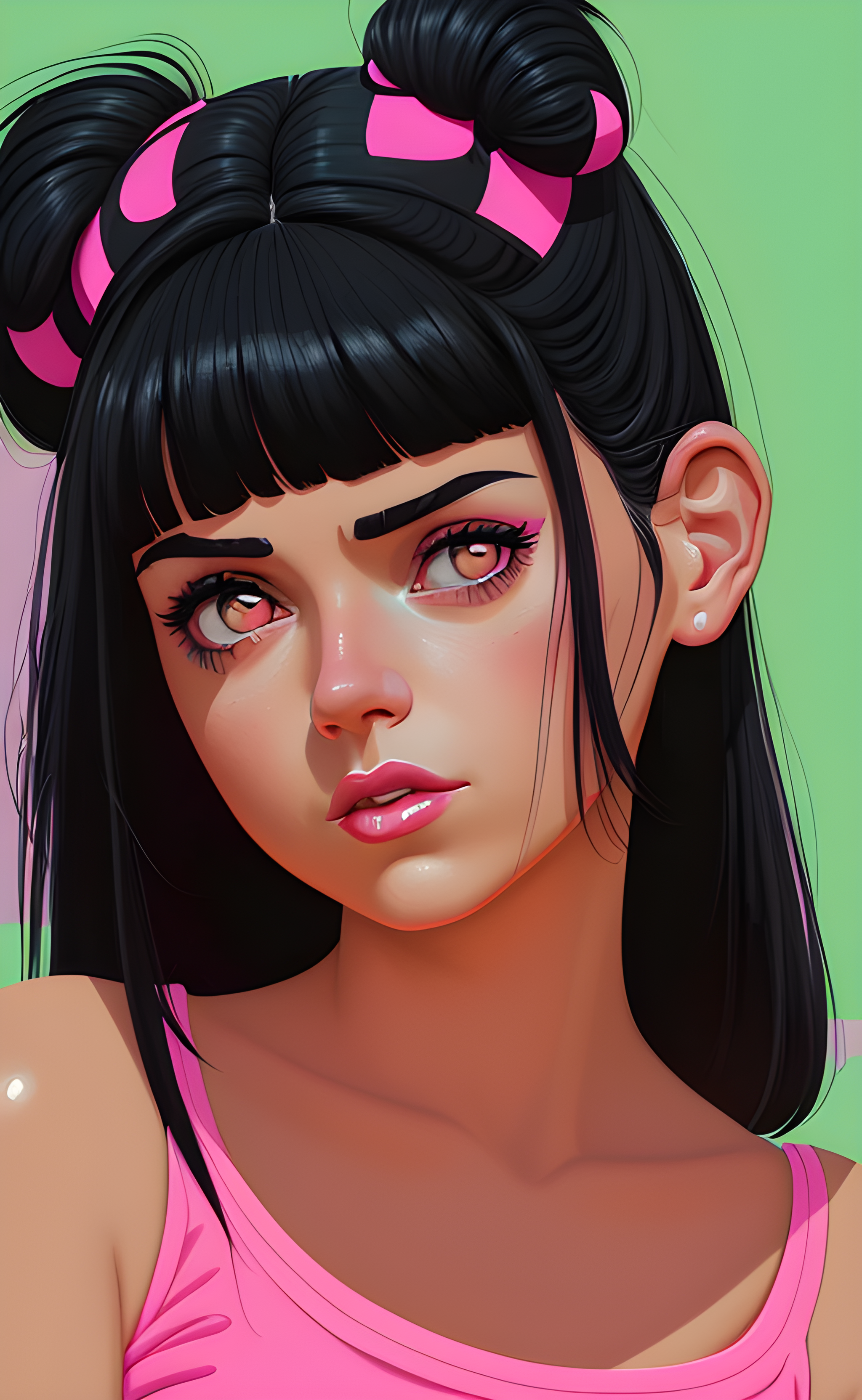 AI generated: DreamShaper prompt: a close up of a girl with a pink top and black hai... (DreamShaper - Concept Art)