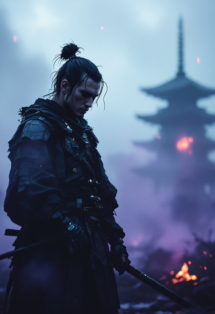Subtle Samurai FLUX prompt: a lone cyber-traditional samurai standing st...