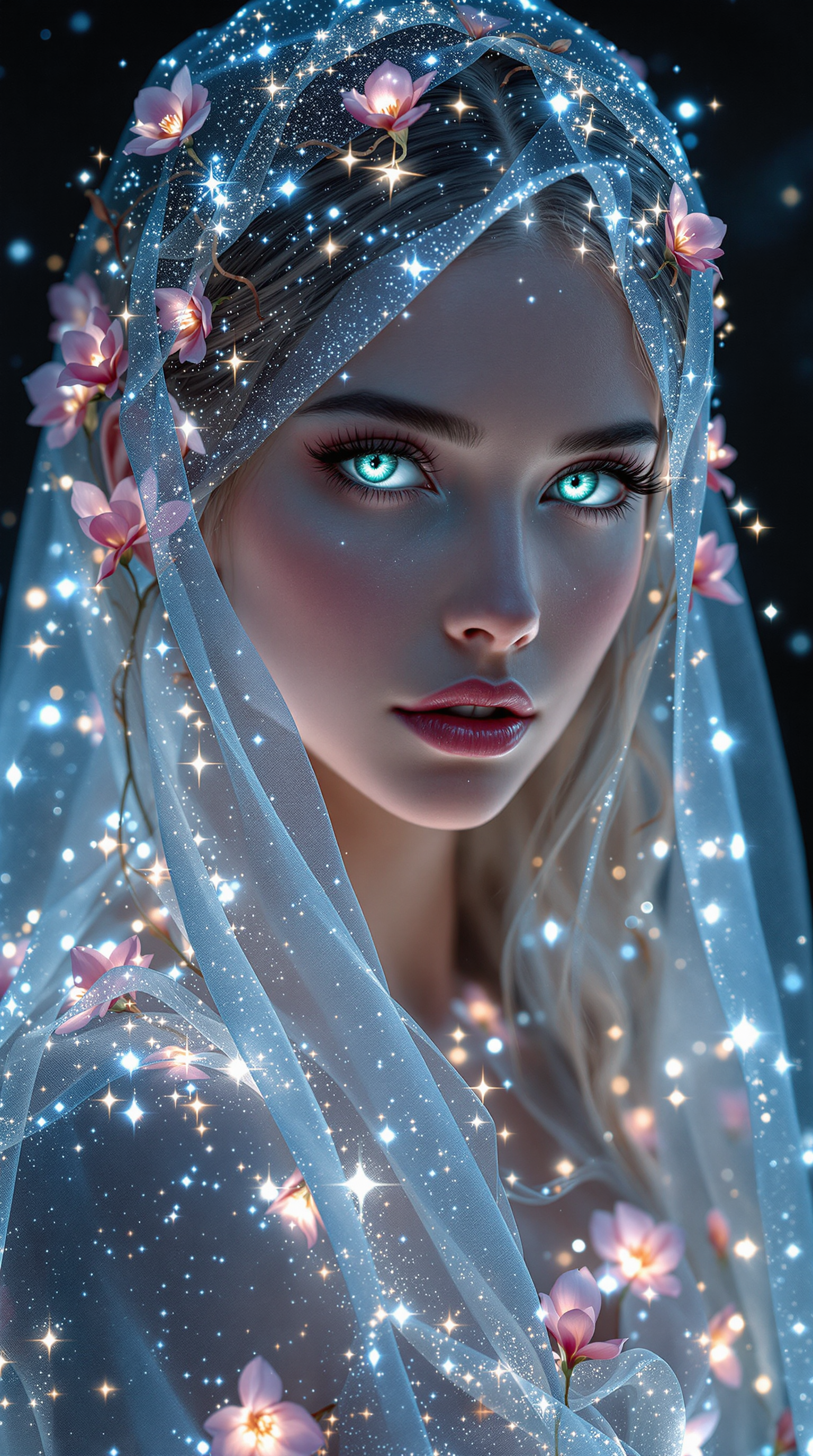صورة مولدة بالذكاء الاصطناعي: FLUX prompt: A stunning fantasy portrait of an ethereal woman d... (نموذج FLUX - صور شخصية)