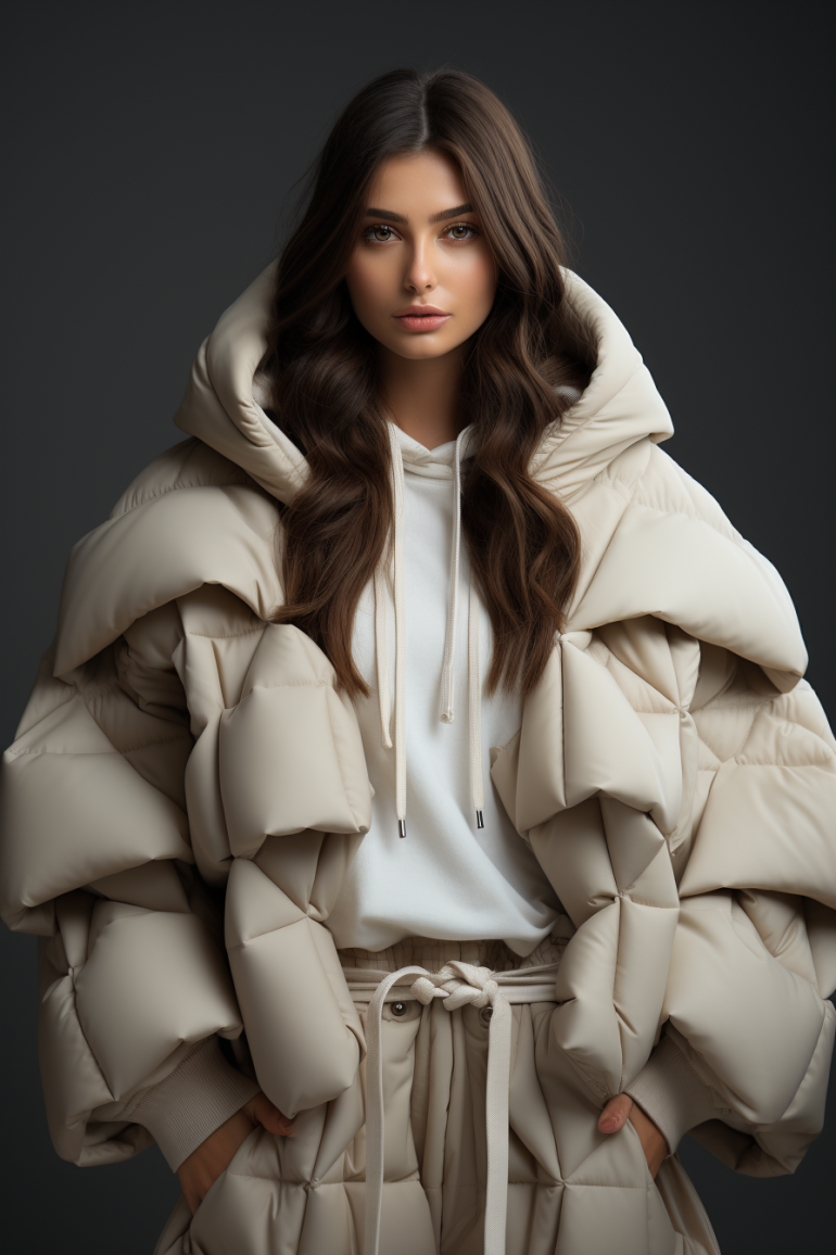 Midjourney prompt: The woman in the photo is standing against a beige... - Midjourney