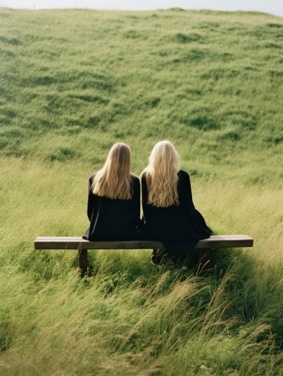 Midjourney prompt: a couple of women sitting on top of a wooden bench... - Midjourney