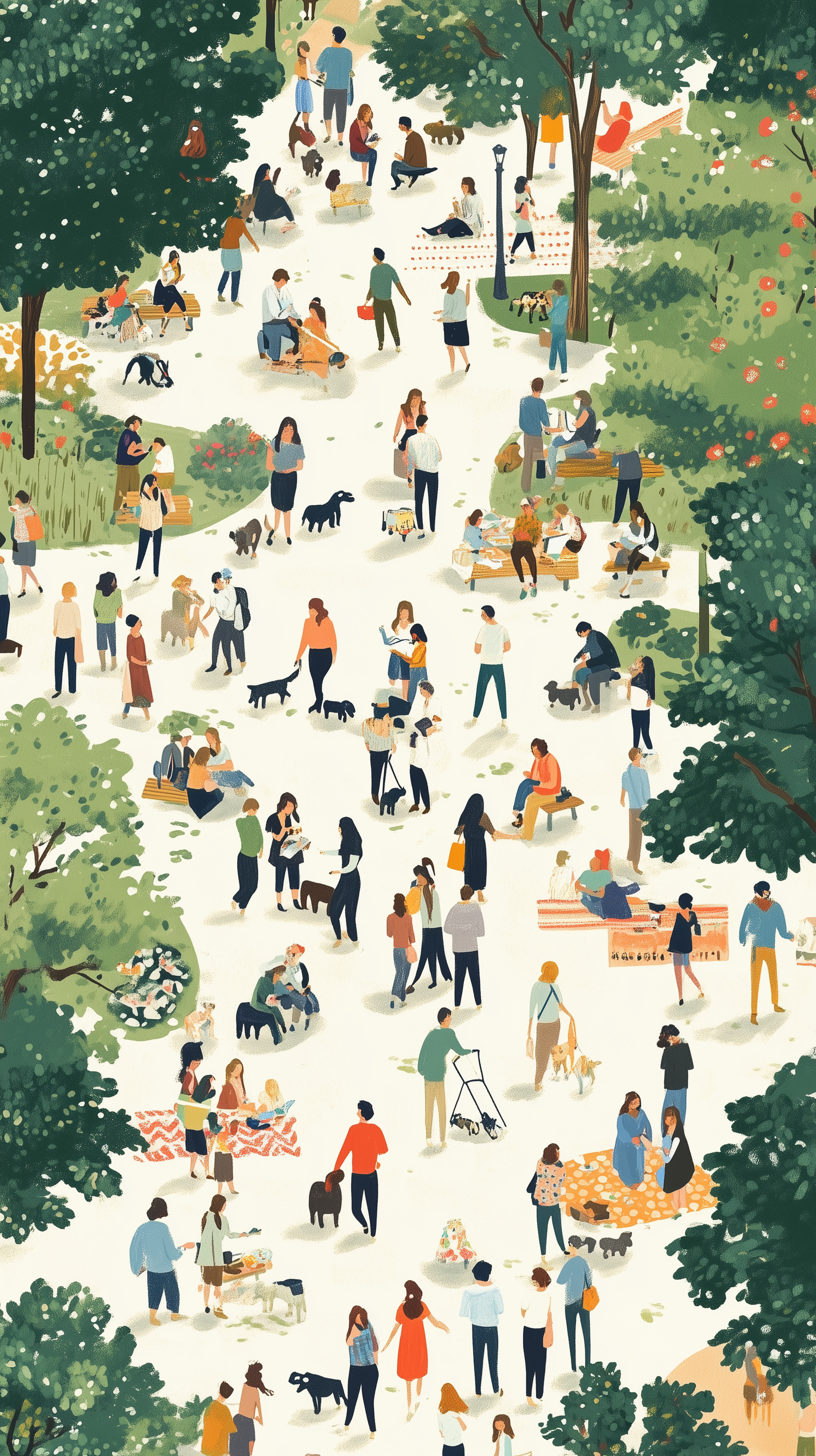 AI generated: Midjourney prompt: image of a bustling urban park scene viewed from a... (Midjourney - Concept Art)