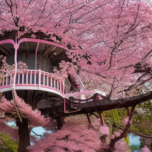Stable Diffusion prompt: THE CHERRY BLOSSOM TREE HOUSE