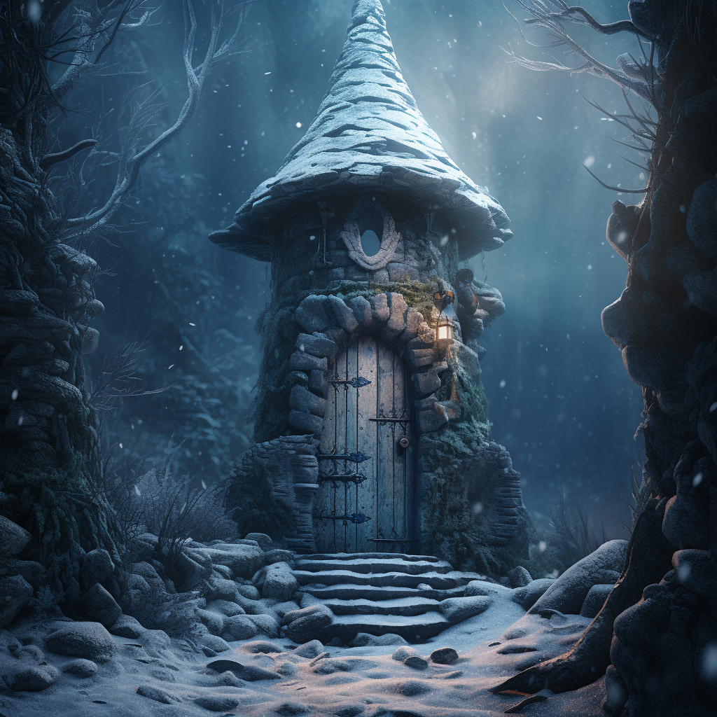Midjourney prompt: stone tower with dark door, surrounded by a frozen... - Midjourney