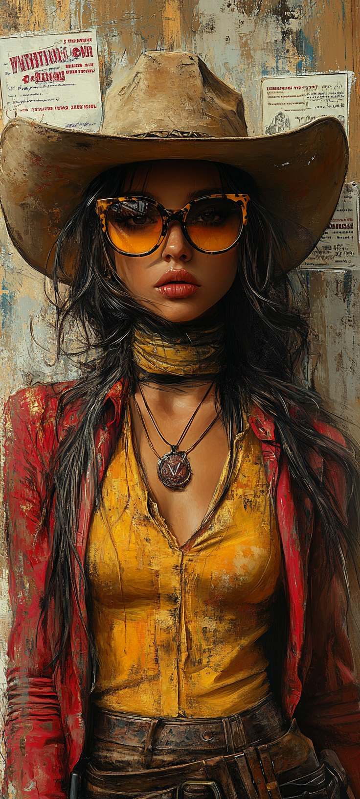 Midjourney prompt: Cowgirl painting in stylish glasses, catrina style... - Midjourney