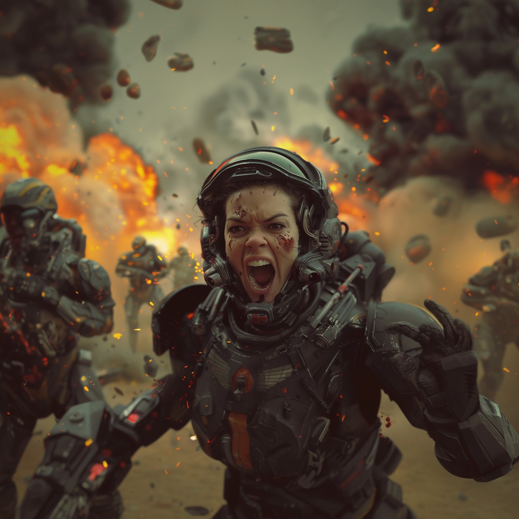 AI generated: Midjourney prompt: female scifi space marine with helmet off, in th... (Midjourney - Concept Art)