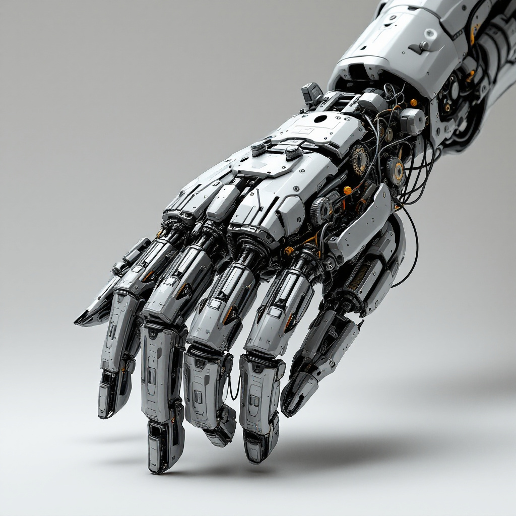 FLUX prompt: An intricate mechanical hand with 4 fingers ...