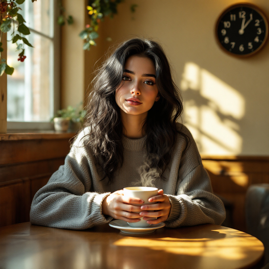 FLUX prompt: a 16 years old woman with black, wavy hair, sits ... - FLUX
