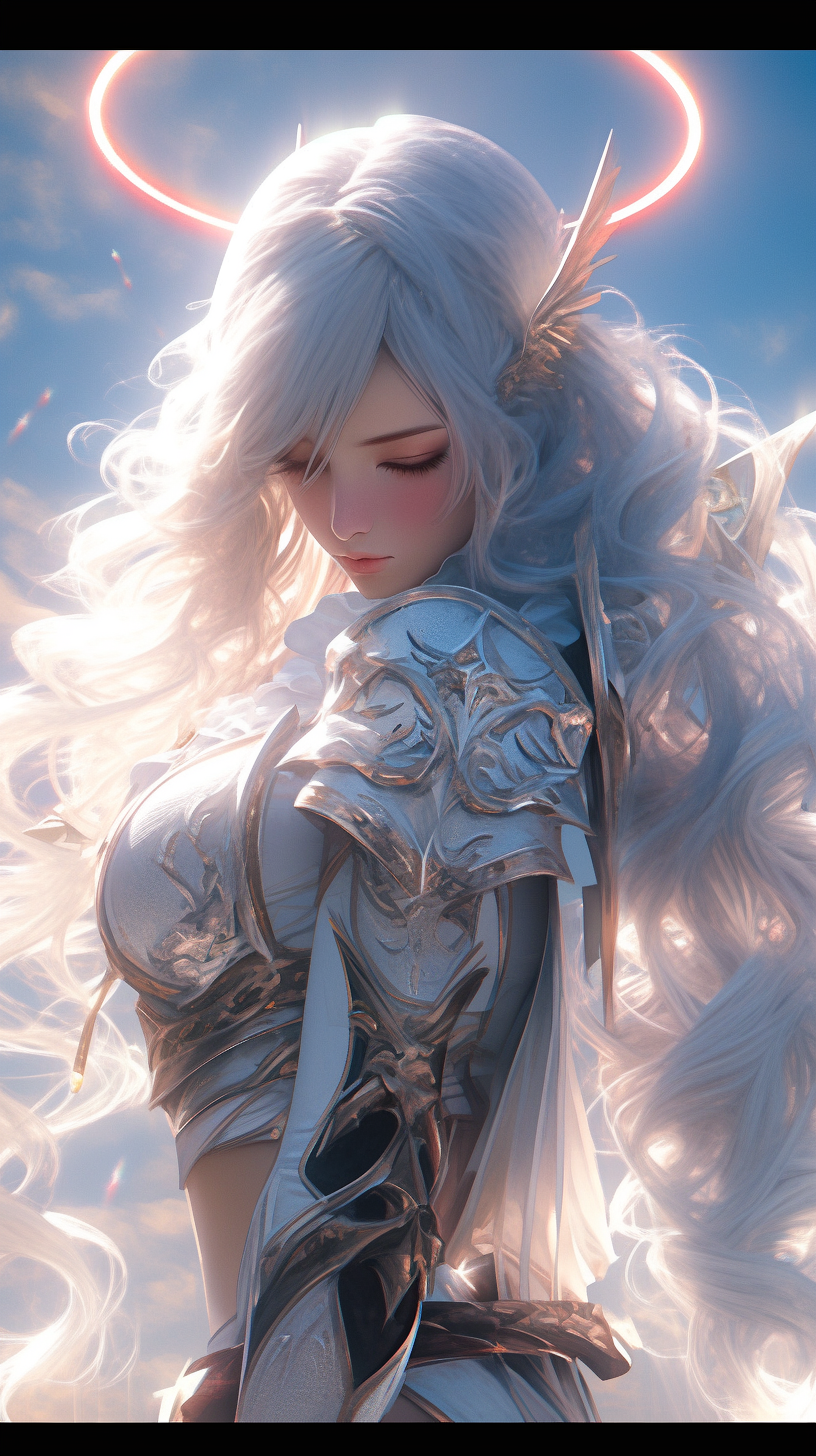 AI generated: Midjourney prompt: a white female with white hair surrounded by white... (Midjourney - Anime)