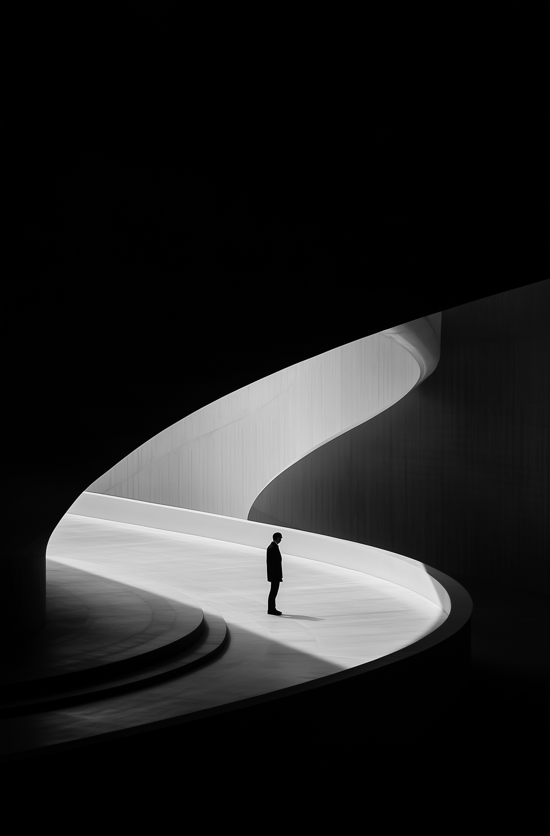 AI generated: Midjourney prompt: A man walking in the center of an infinite white c... (Midjourney - Photography)