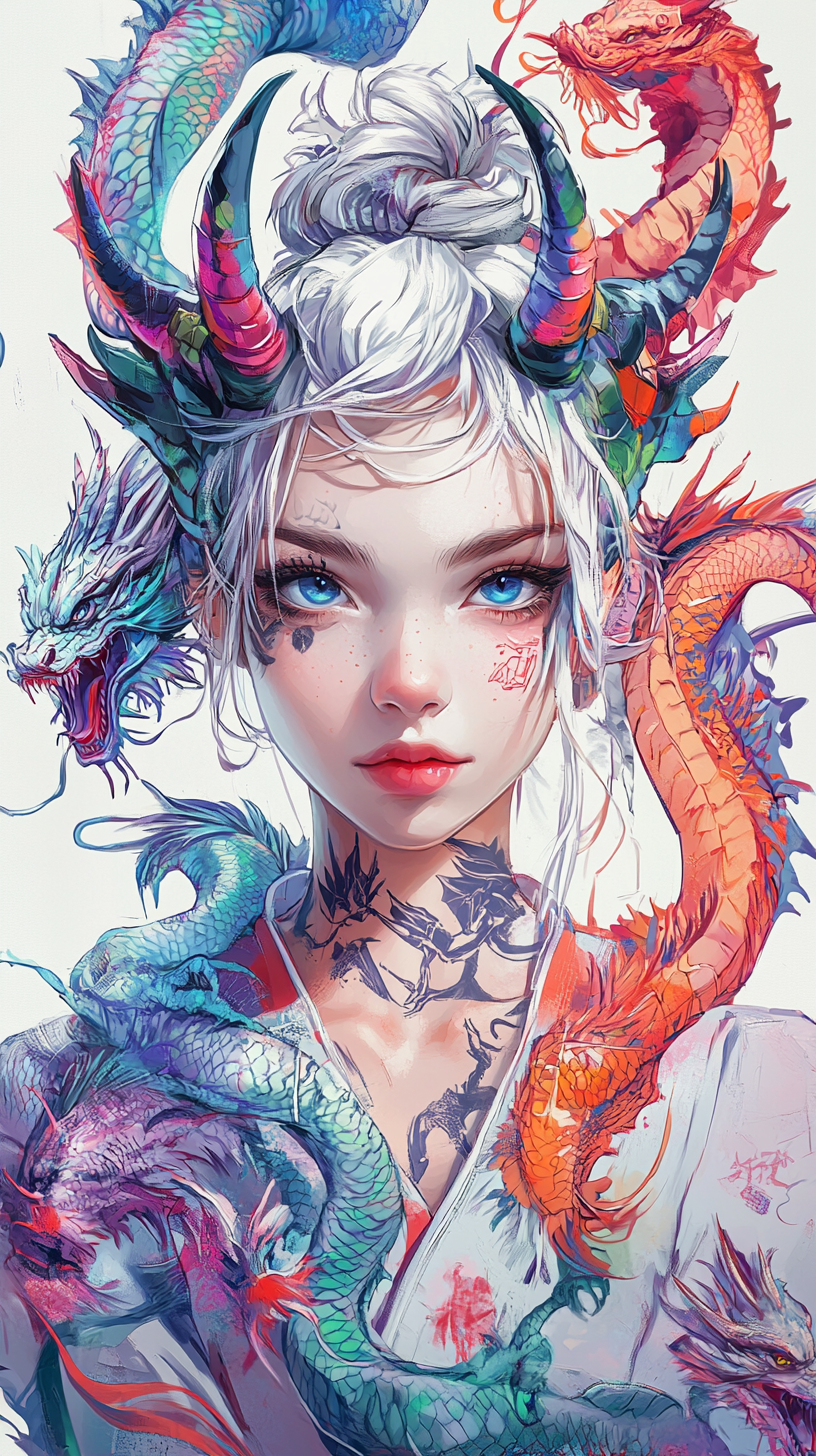 AI generated: Girl with Dragon (Midjourney - Anime)