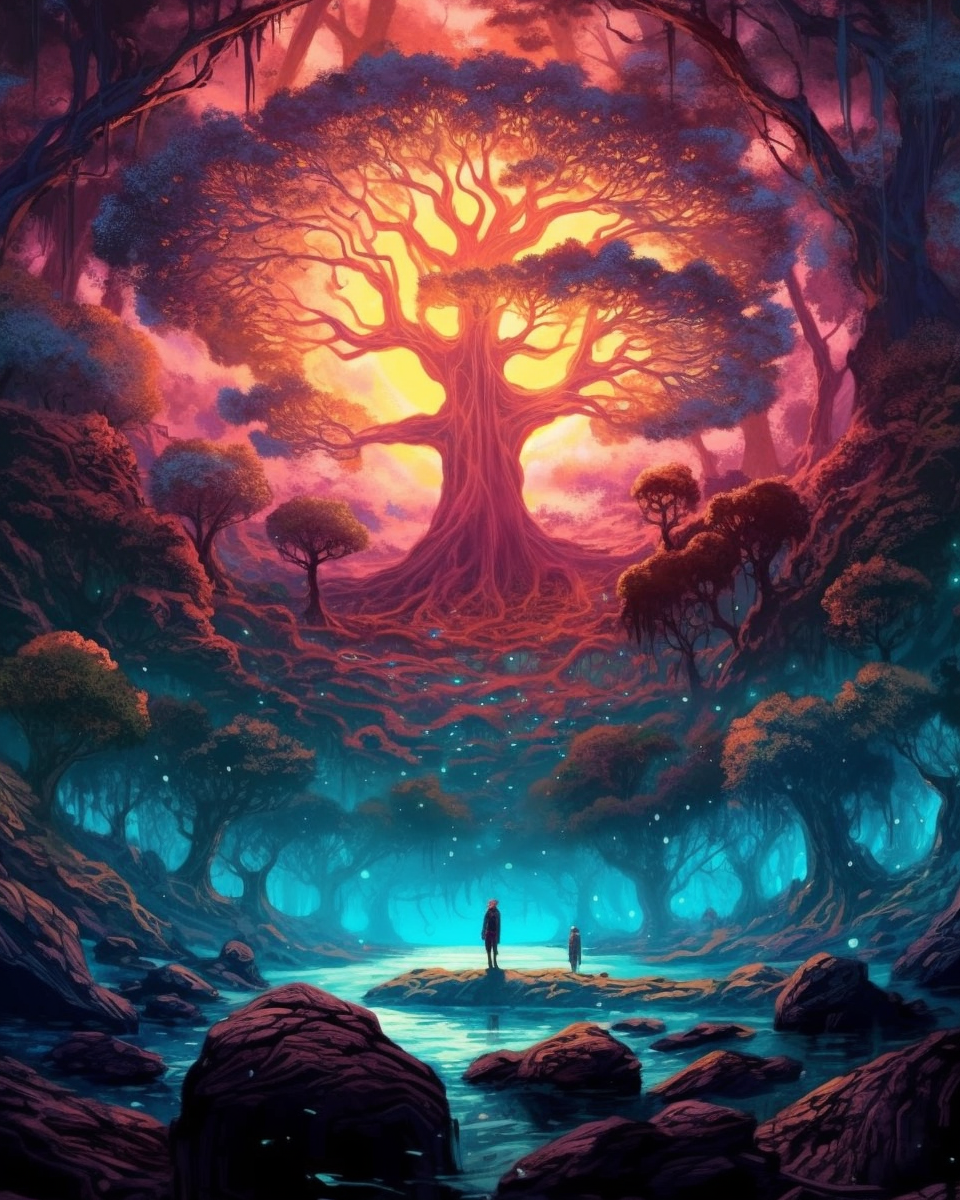 AI generated: Midjourney prompt: a large circle of a person above a tree in an imag... (Midjourney - Concept Art)