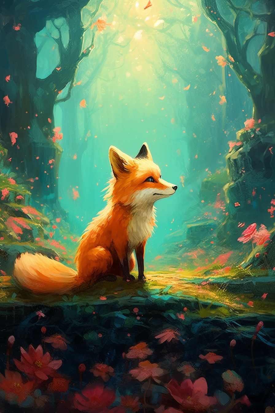 صورة مولدة بالذكاء الاصطناعي: Midjourney prompt: Happy and excited fox, painting a beautiful landsc... (نموذج Midjourney - صور شخصية)