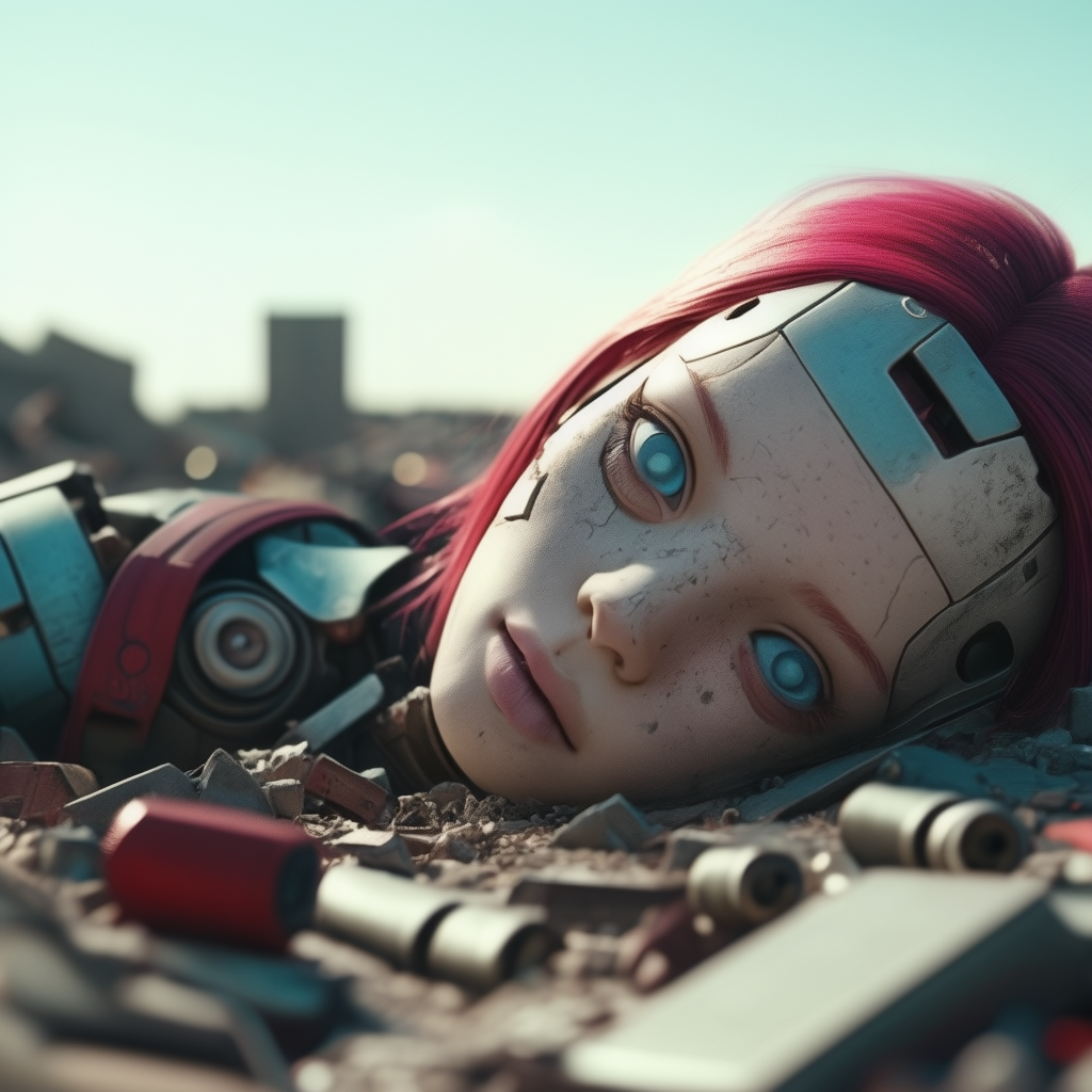Stable Diffusion prompt: Photo of a broken ruined cyborg girl in a landfill... - Stable Diffusion