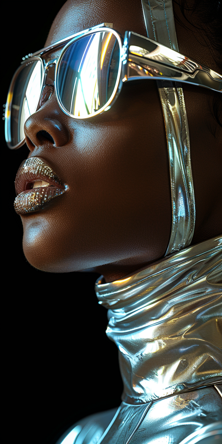 AI generated: Midjourney prompt: A portrait of an android woman wearing reflective ... (Midjourney - Photography)
