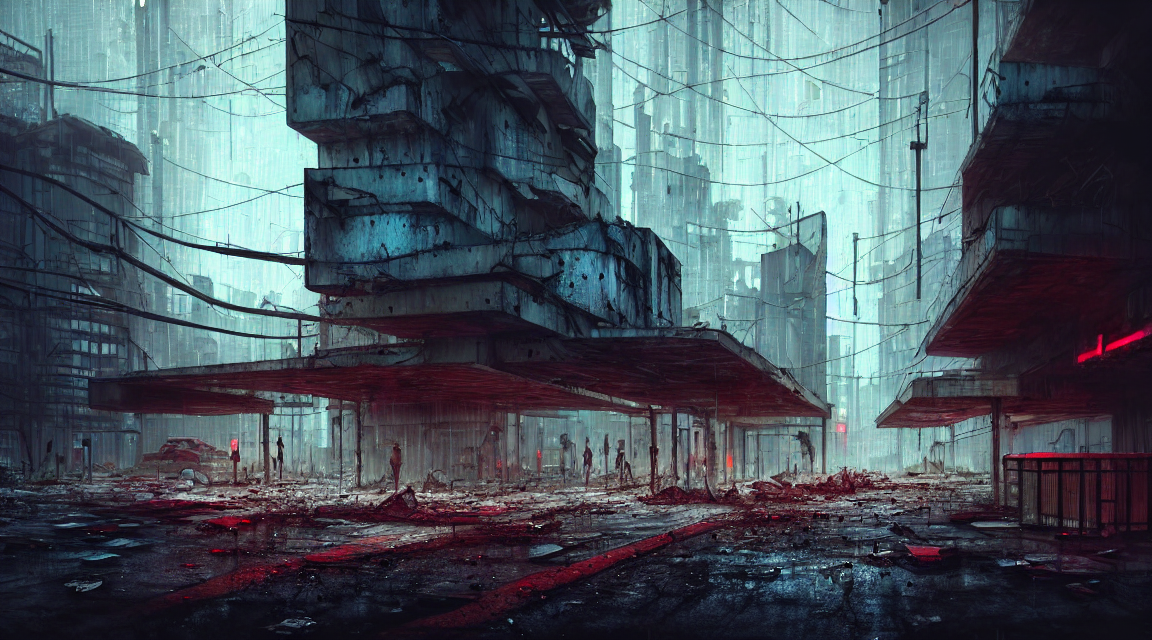 Stable Diffusion prompt: post apocalyptic city building,