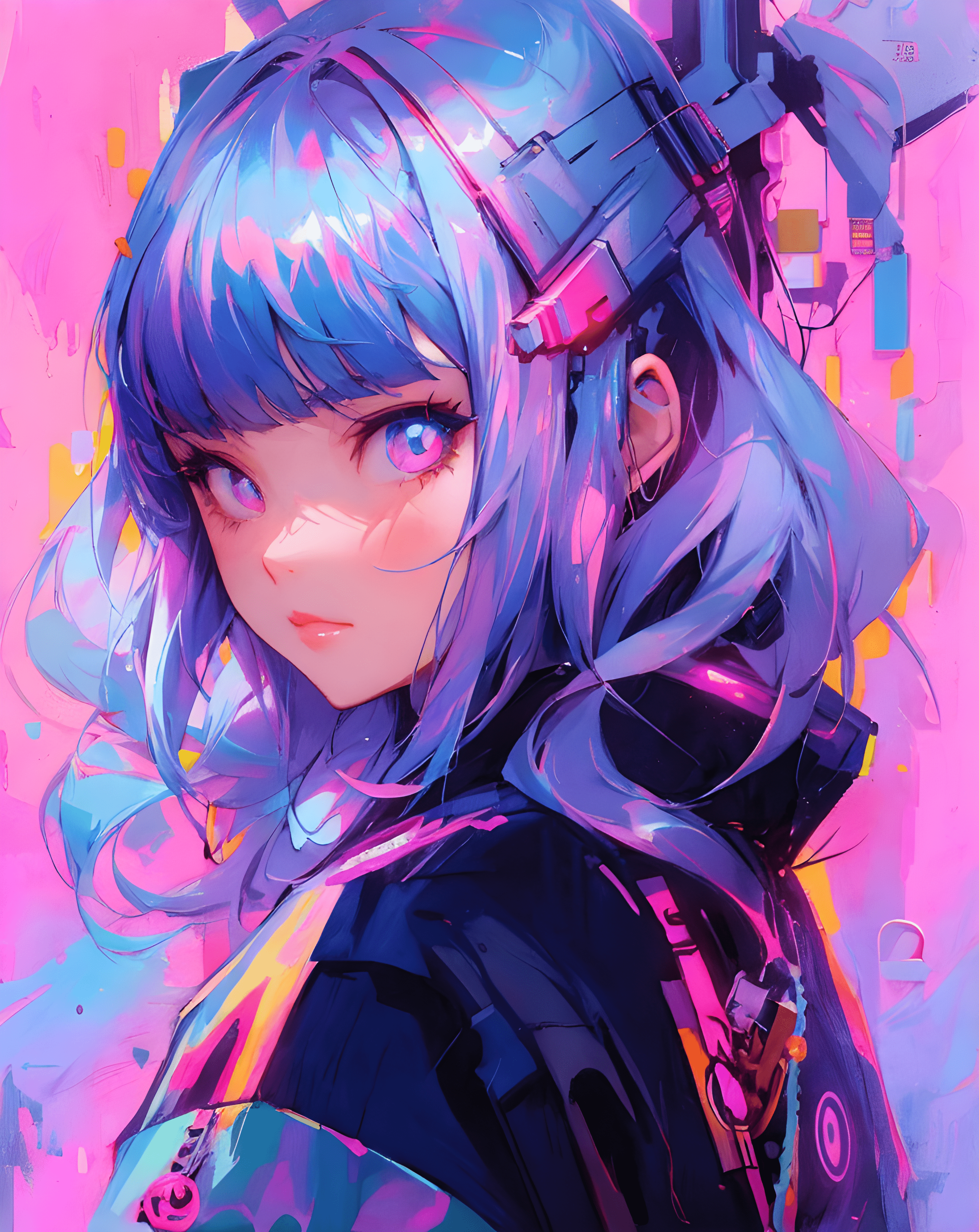 AI generated: ReV Animated prompt: a painting of a girl with blue hair, cyberpunk art... (ReV Animated - Portraits)