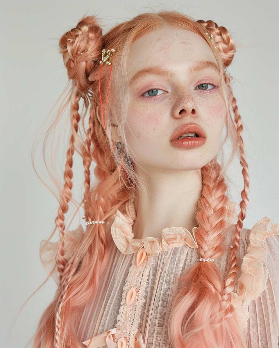 AI generated: Midjourney prompt: Vogue Runway Model with long Pigtails in the style... (Midjourney - Photography)