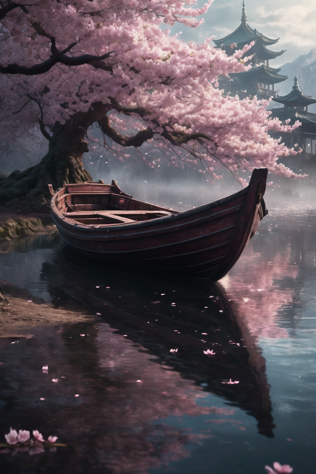 AI generated: Stable Diffusion prompt: a boat in the middle of the cherry blossoms, in th... (Stable Diffusion - Landscapes)