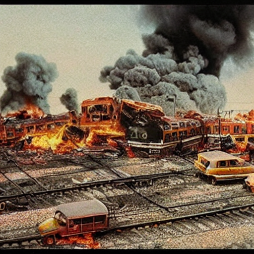 Stable Diffusion prompt: Train crash :: 150 cars :: 20 c...