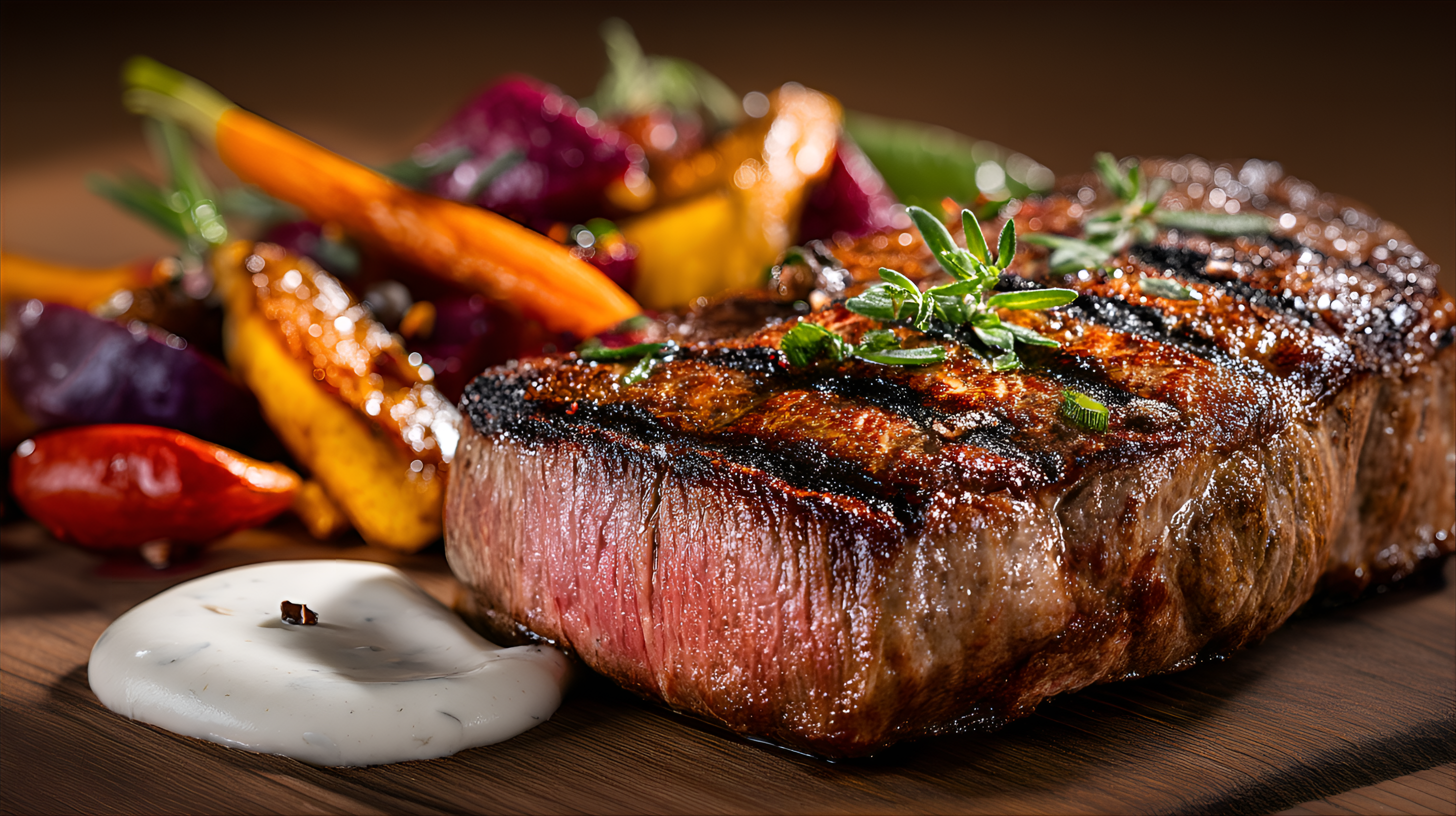 AI generated: Midjourney prompt: perfectly grilled steak with grill marks, served w... (Midjourney - Concept Art)
