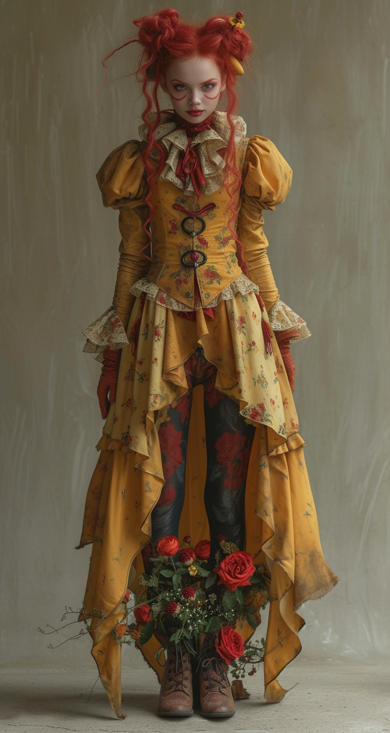 Midjourney prompt: a woman dressed as a clown with red hair, in the s... - Midjourney