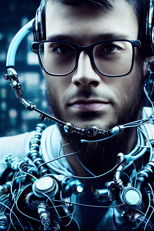 Stable Diffusion prompt: cyborg developer with glasses an...