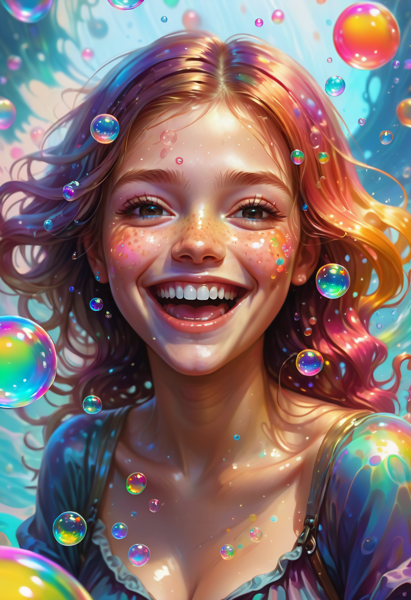 AI generated: Stable Diffusion prompt: a girl, laughing, surrounded by colorful water bu (Stable Diffusion - 3d Renders)