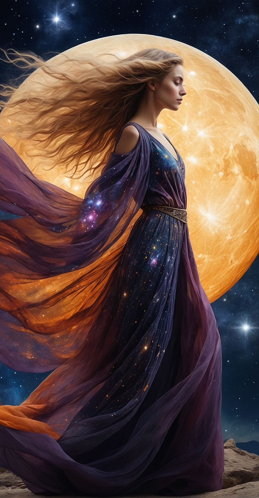 AI generated: Stable Diffusion prompt: Envision a celestial being, a woman whose dress an... (Stable Diffusion - Portraits)