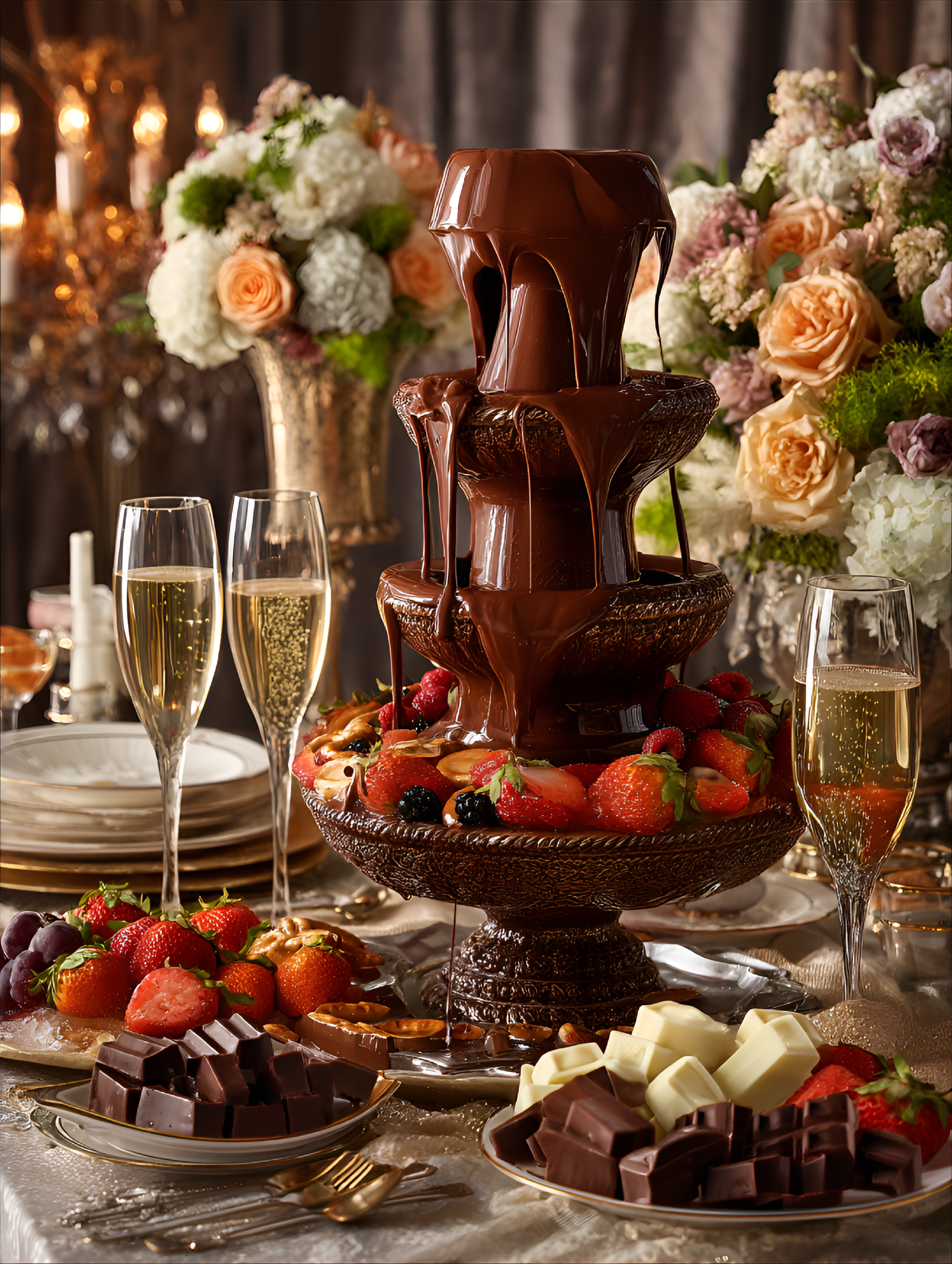صورة مولدة بالذكاء الاصطناعي: Midjourney prompt: An elegant chocolate fountain centerpiece on a gra... (نموذج Midjourney - فن مفاهيمي)