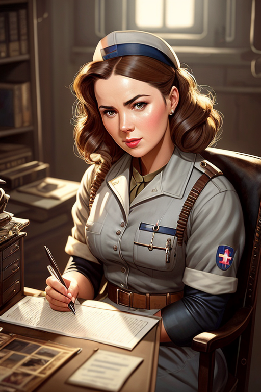Stable Diffusion prompt: WWII nurse sitting in office, hi...
