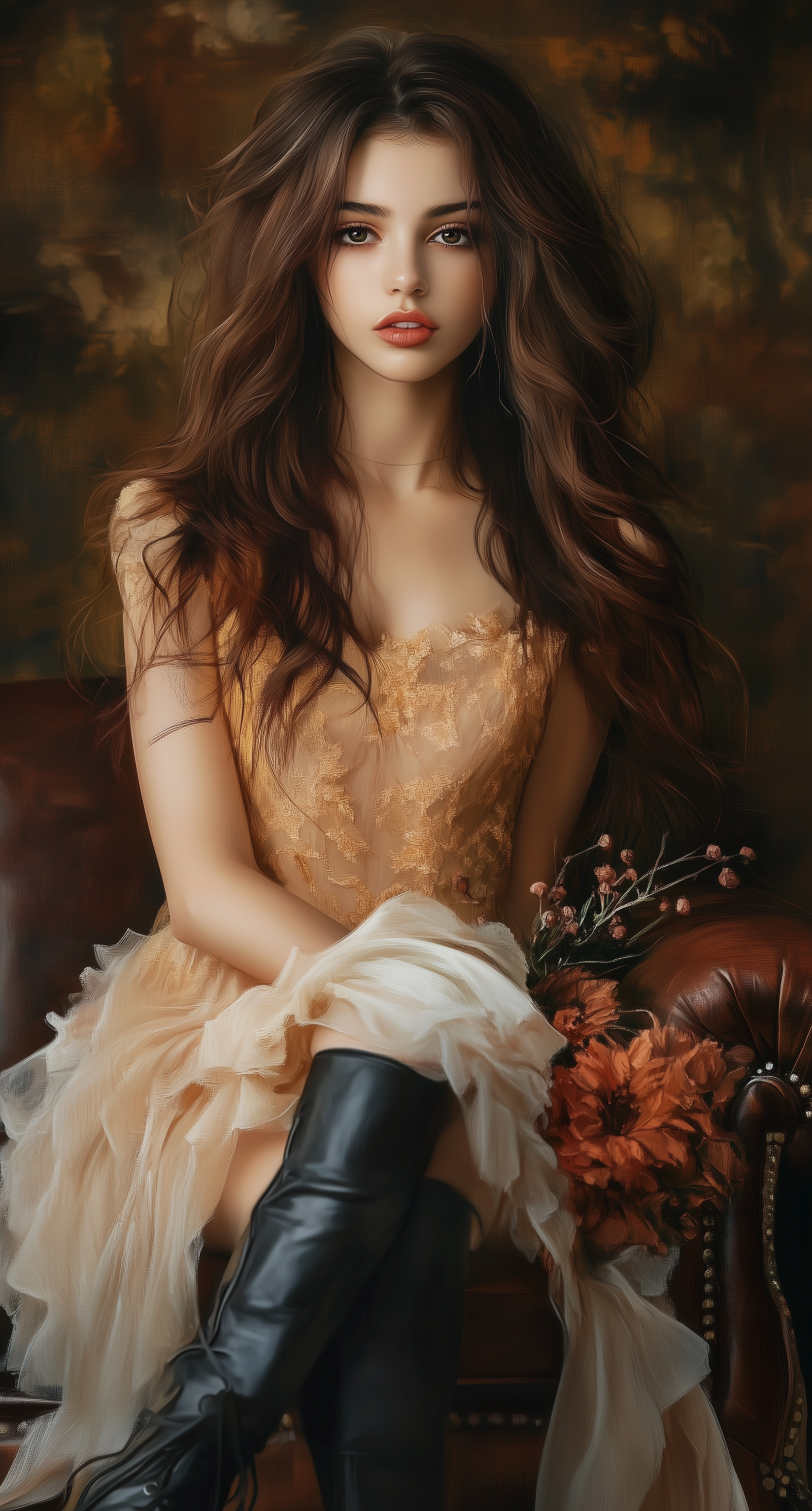 صورة مولدة بالذكاء الاصطناعي: Midjourney prompt: A beautiful girl with long brown hair, wearing an ... (نموذج Midjourney - تصميم داخلي)