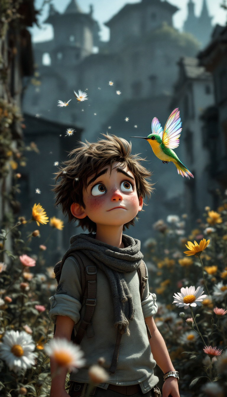 FLUX prompt: Elias, a freckled boy with dandelion hair, standin... - FLUX