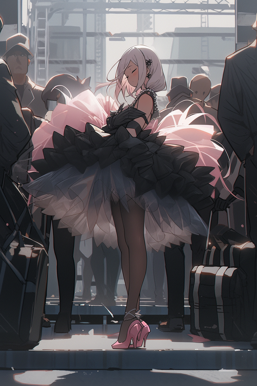 Midjourney prompt: a girl in a pink ballet tutu standing on the sidew... - Midjourney