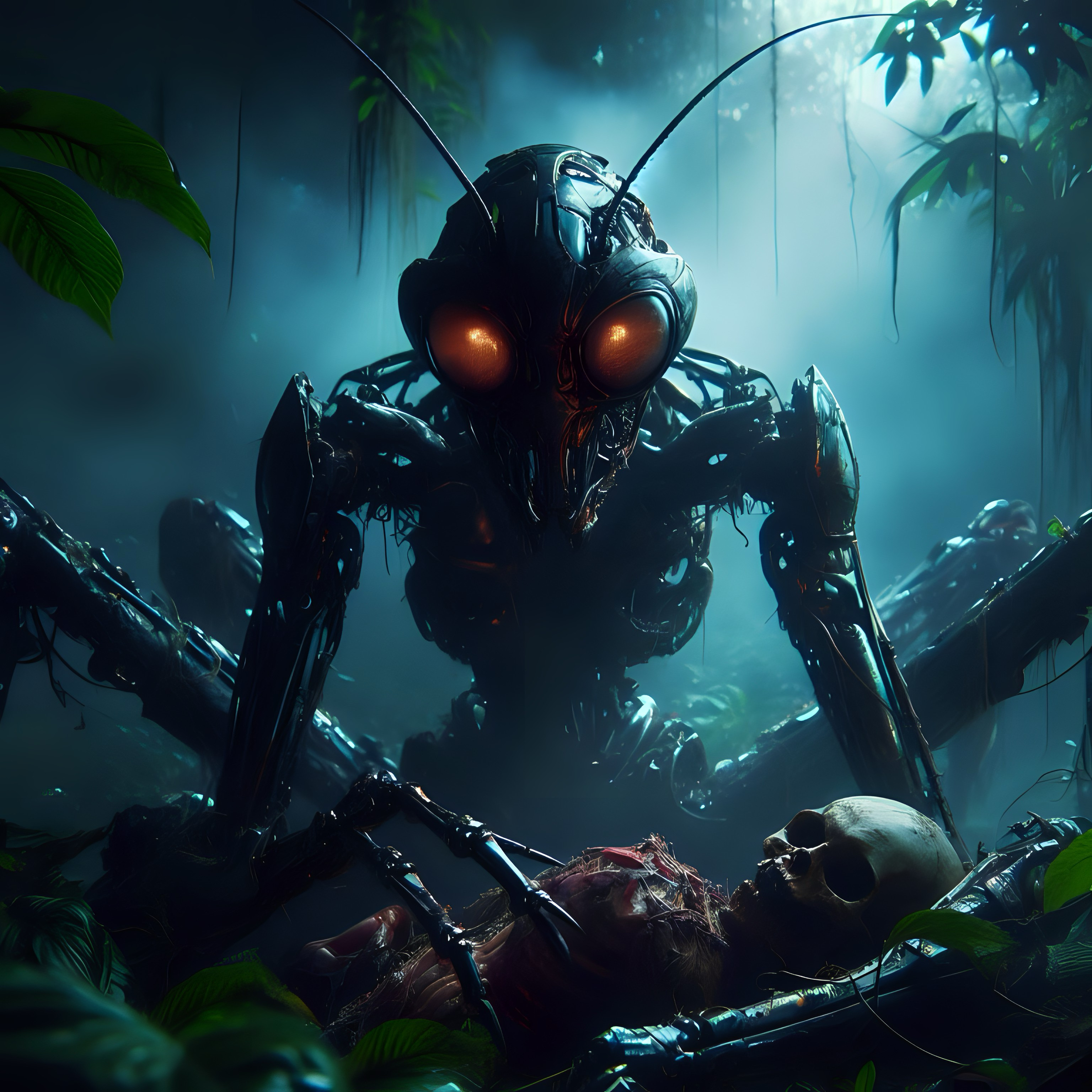 صورة مولدة بالذكاء الاصطناعي: DALL·E prompt: une photo d'une mante cyborg dans une jungle avec... (نموذج DALL·E - تصوير فوتوغرافي)