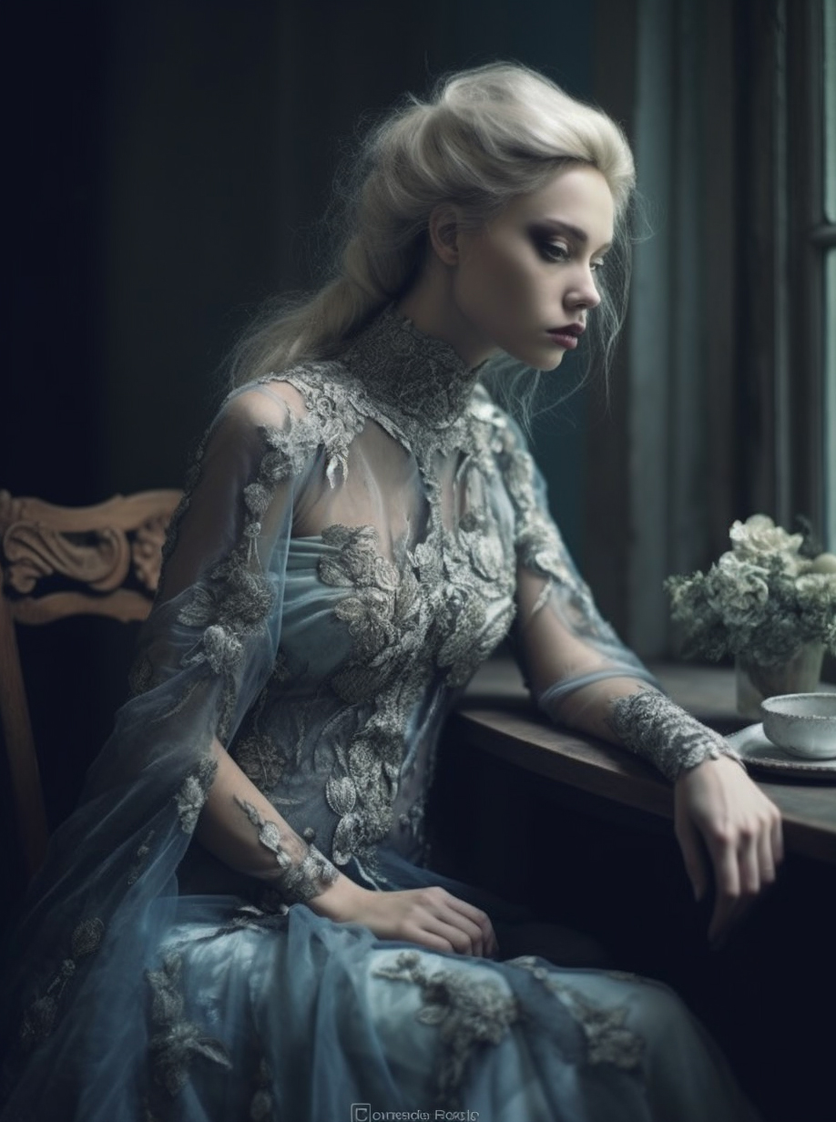 Midjourney prompt: a woman sitting at a table , by Valerie Petts, tum... - Midjourney