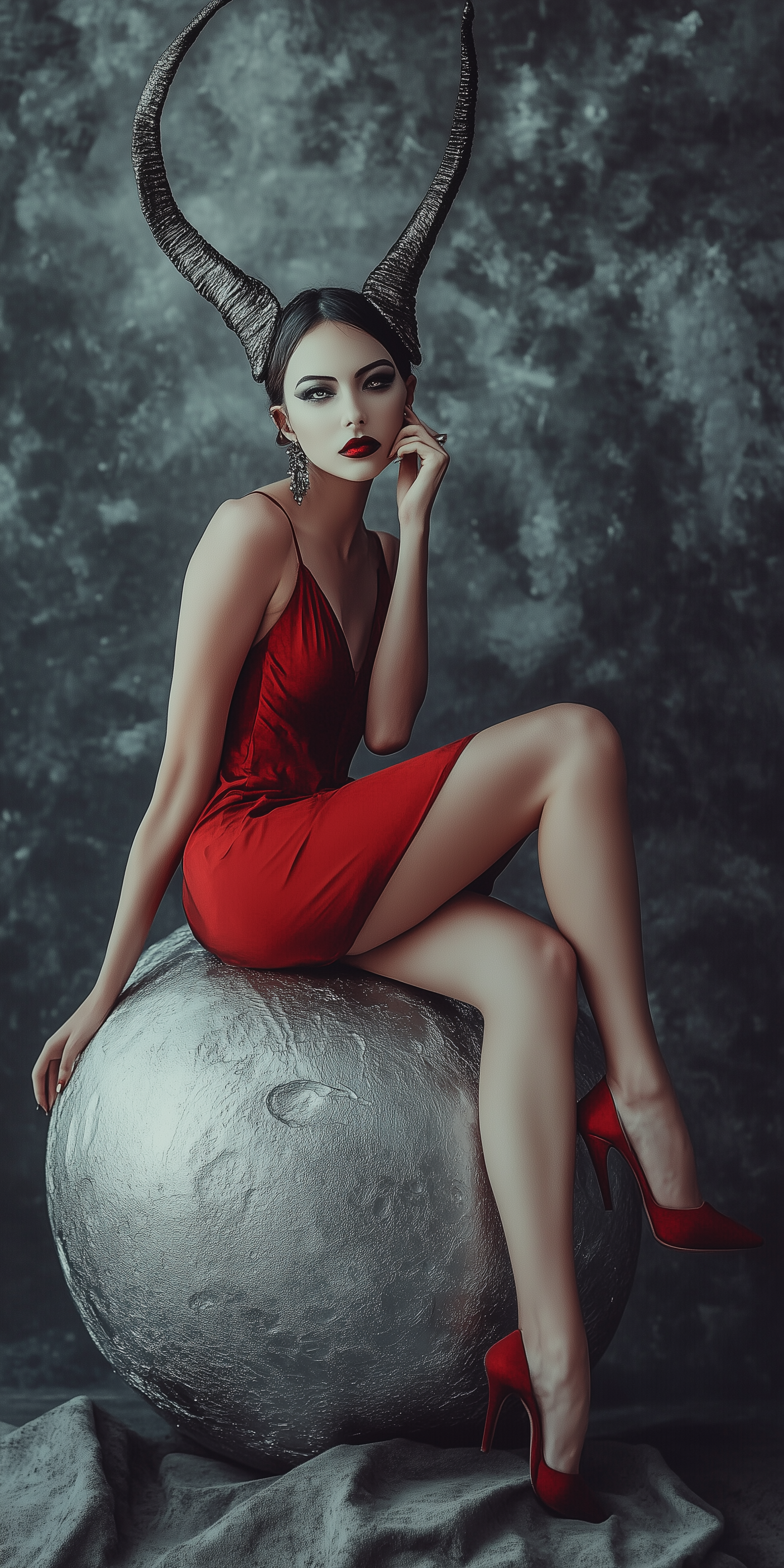 AI generated: Midjourney prompt: A fashion photo of a female alien with horns sitti... (Midjourney - Fashion)