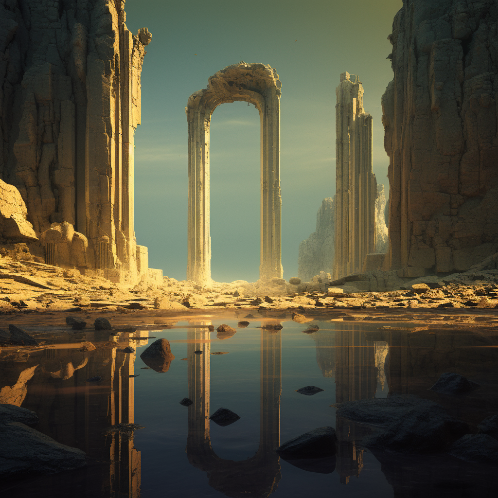 AI generated: Midjourney prompt: alien ruins, scifi, blurred, future (Midjourney - Landscapes)
