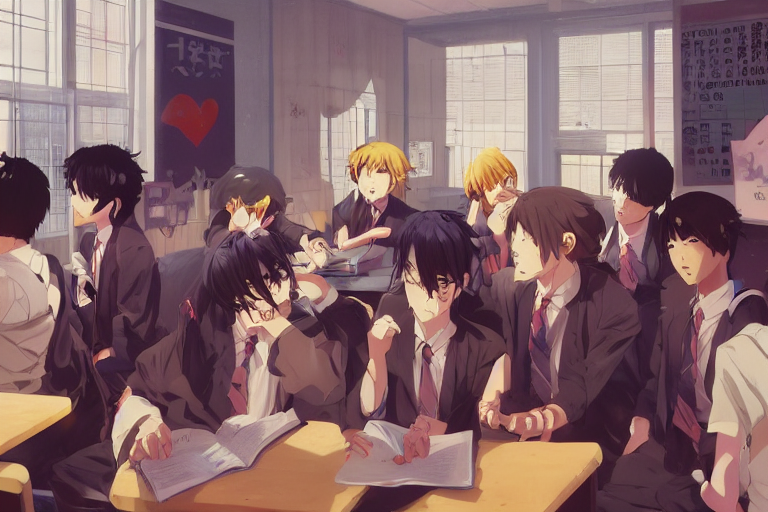 Stable Diffusion prompt: boy's love anime high school cla...