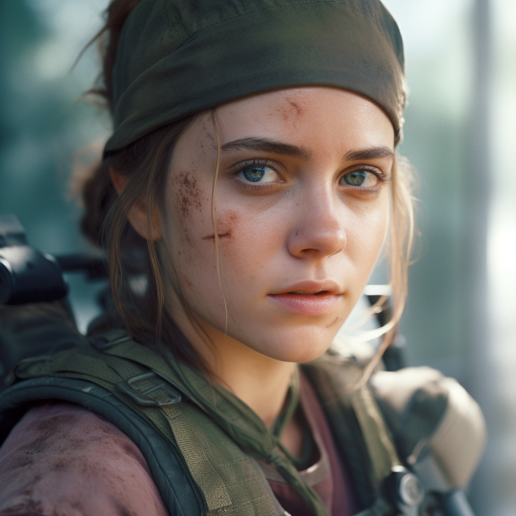 Midjourney prompt: A lady soldier gazing at the camera, P...