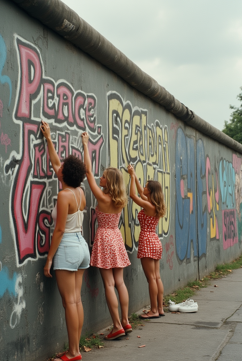 AI generated: FLUX prompt: Berliner Wall, 1975,3 woman protest in short summe... (FLUX - Portraits)